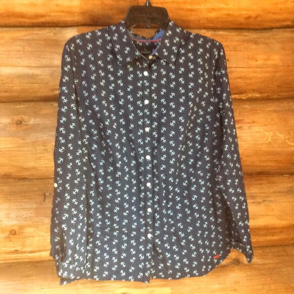 Talbots Navy Blue w/White Anchor Nautical Beachy Long Sleeve EUC Shirt Size 14 - Picture 1 of 5